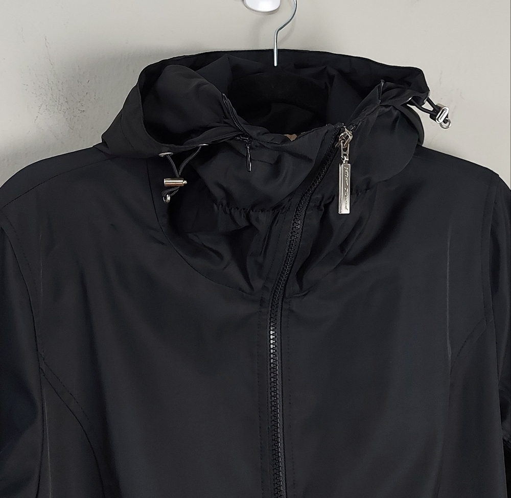 Betsey Johnson Women Hooded Jacket Large Black Zip Up Lined Ruffle Hem Mock Neck - Picture 7 of 16